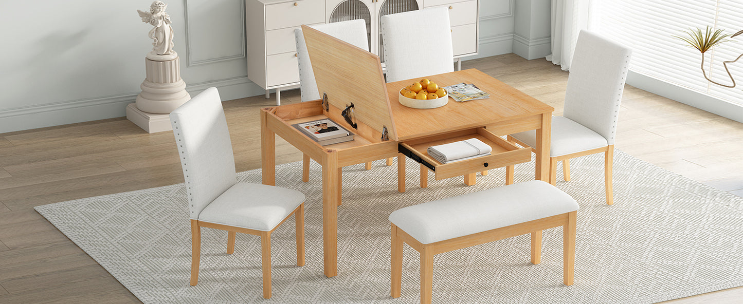 Natural Rubberwood 6-Piece Dining Table Set with Storage