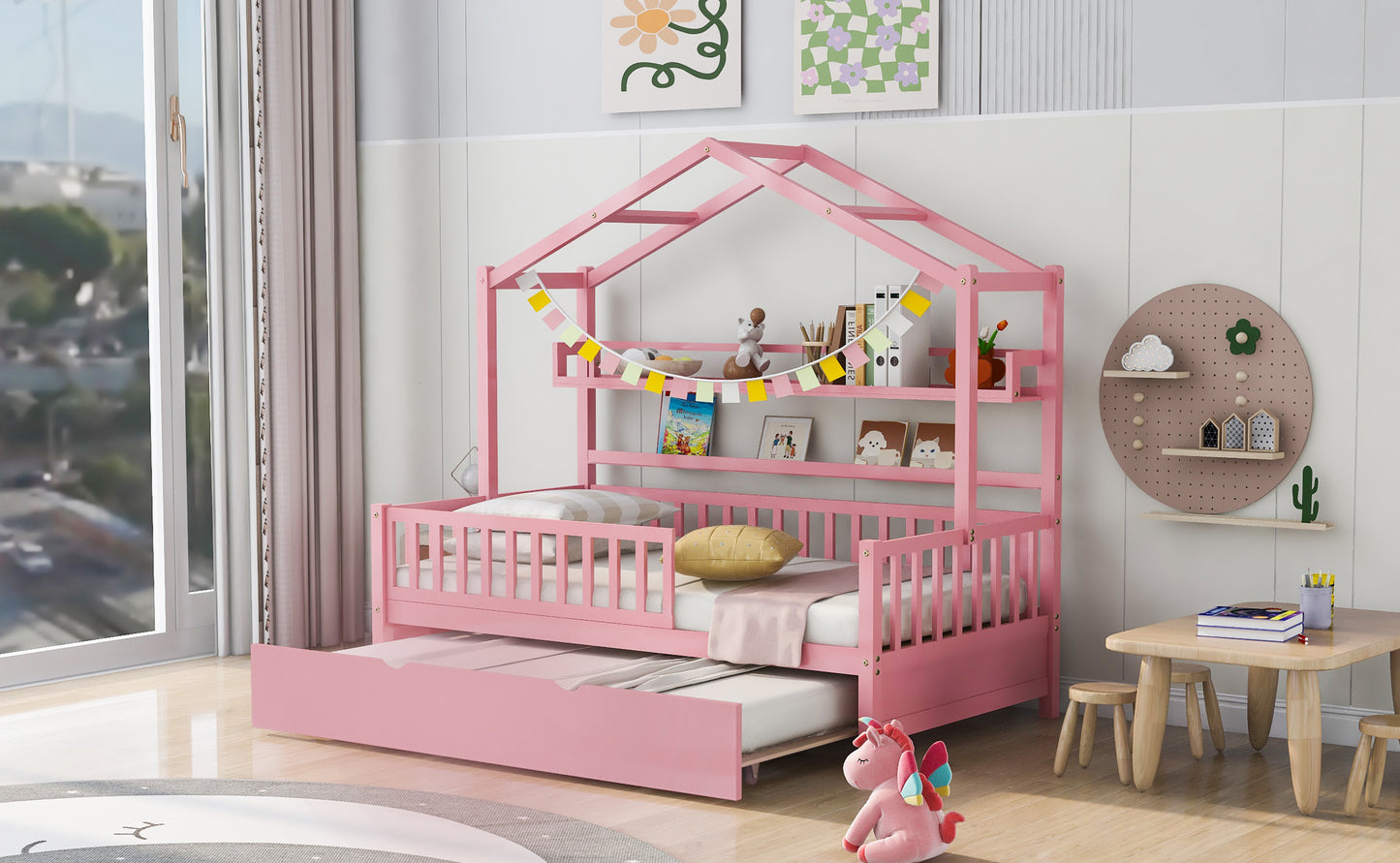 Pink Wooden Twin Size House Bed