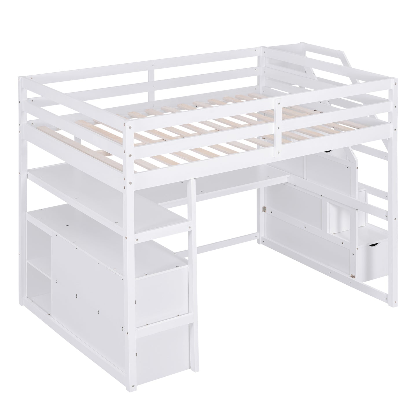 White Full Size Loft Bed with Desk, Shelves, and Built-in Drawers