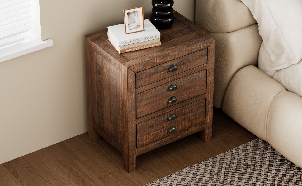 Rustic 3-Drawer Pine Wood Nightstand