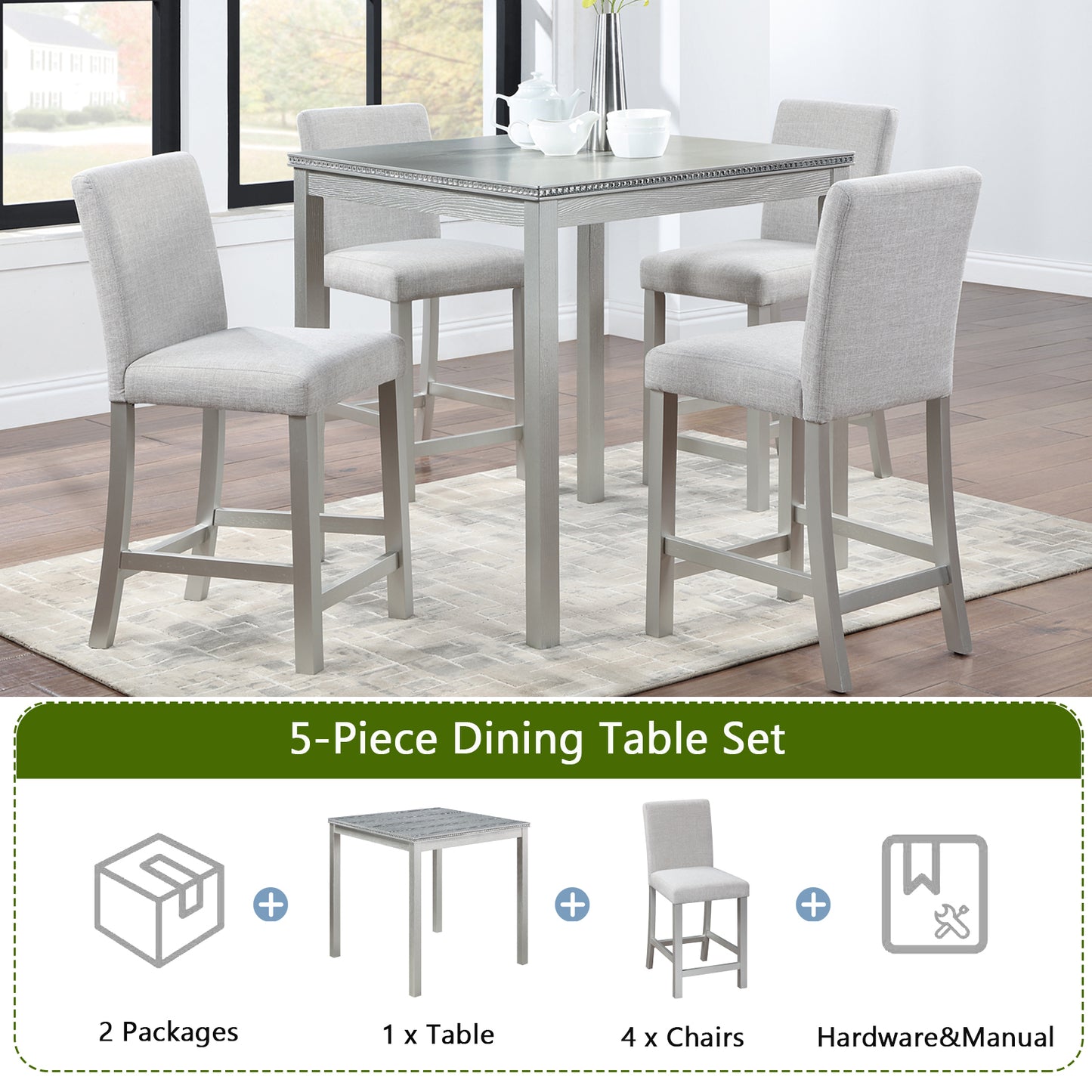 Silver 5 Piece Counter Height Dining Set