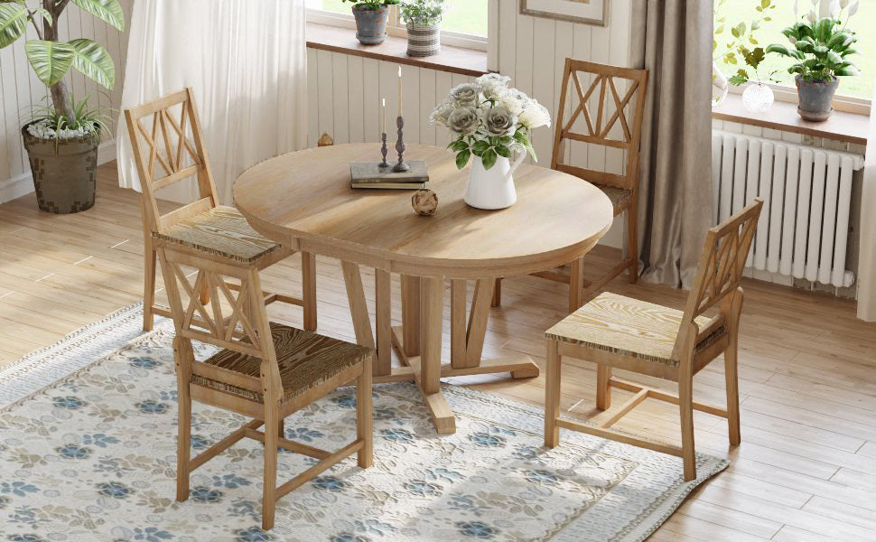 Rustic Natural Rubber Wood 5-Piece Extendable Dining Set