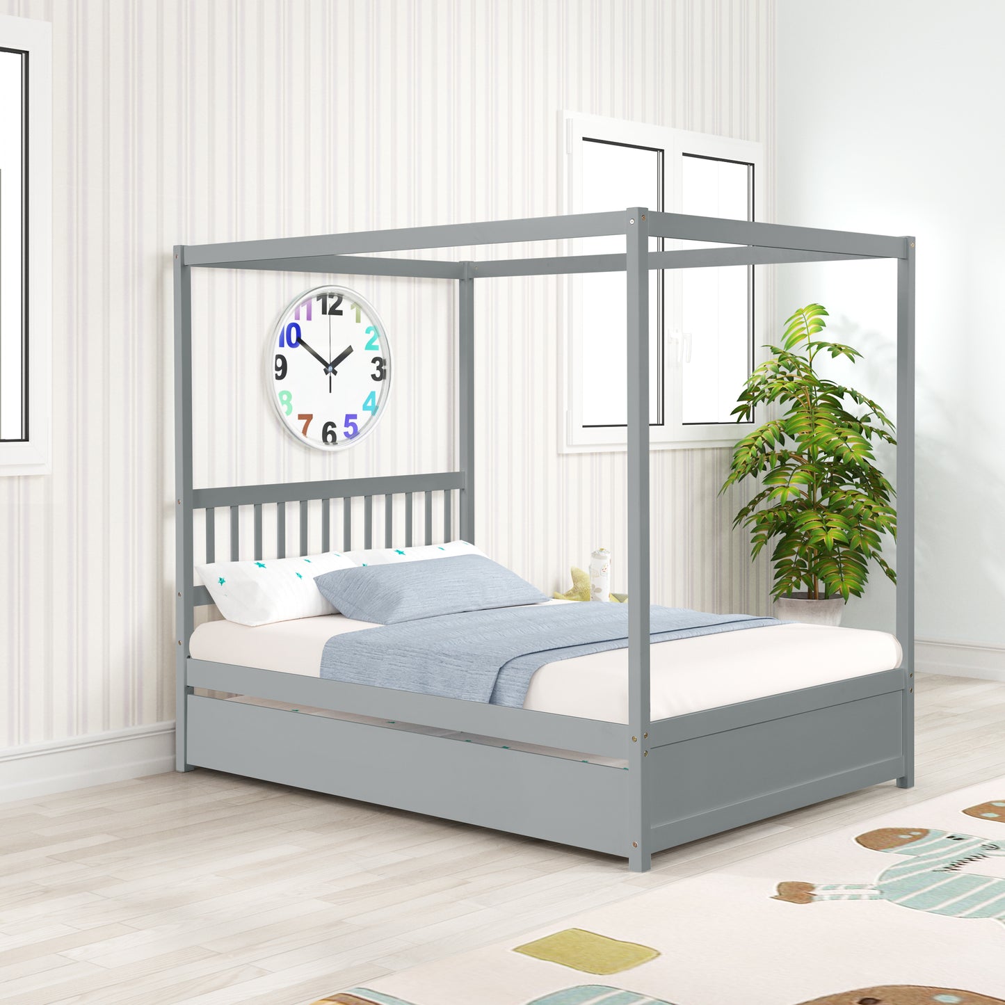 Grey Full Size Canopy Bed with Twin Trundle