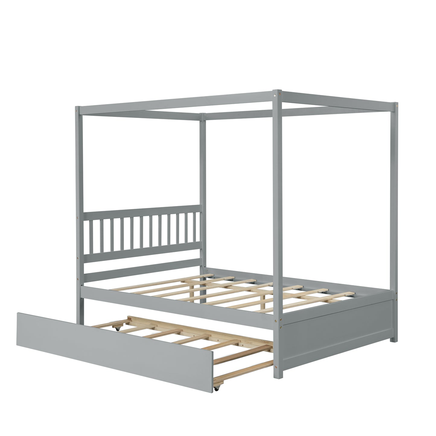 Grey Full Size Canopy Bed with Twin Trundle