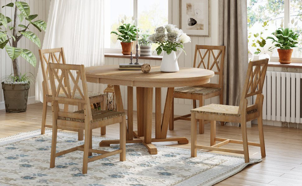 Rustic Natural Rubber Wood 5-Piece Extendable Dining Set