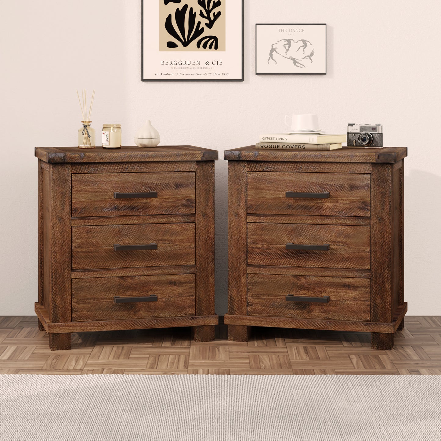 Rustic Three Drawer Reclaimed Solid Wood Farmhouse Nightstand Set of Two