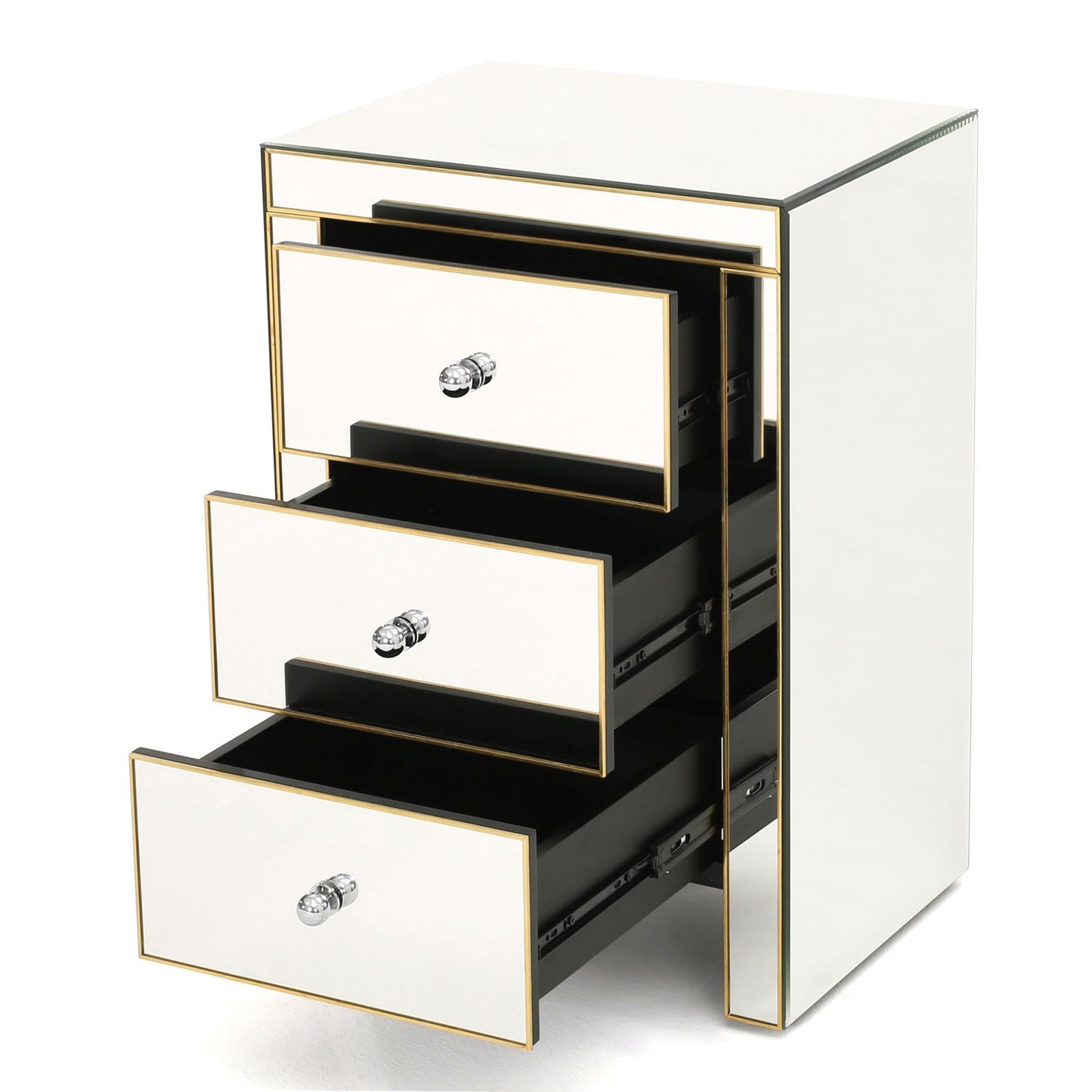 Elegant Mirrored Gold Edge with 3 Drawer Night Stand