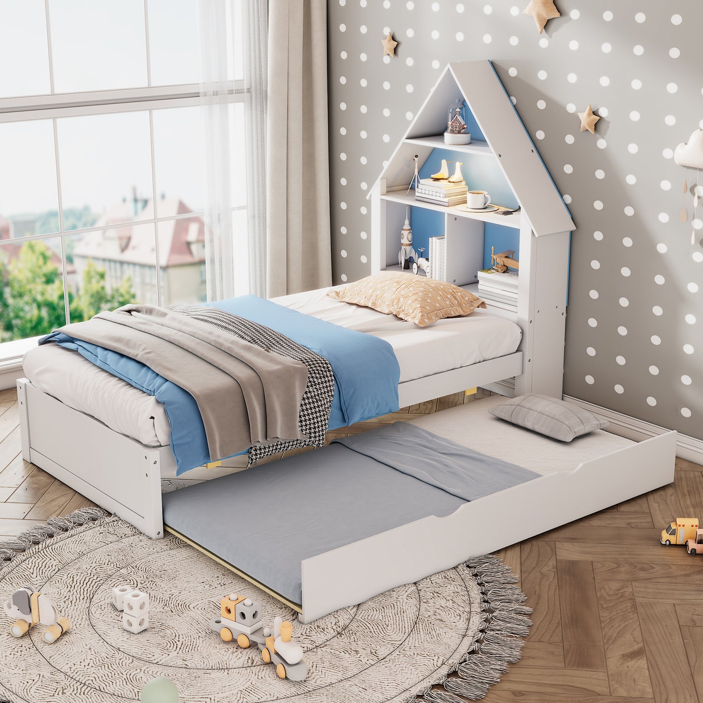 White & Blue House-Shaped Twin Bed with Bookcase Headboard