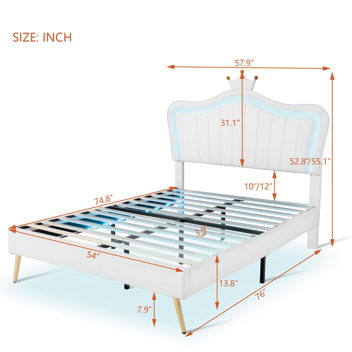 White Full Size LED Princess Bed With Crown Headboard