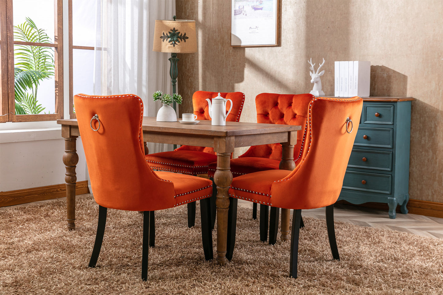 High-End Orange Button Tufted Velvet Dining Chairs 2-Pcs Set