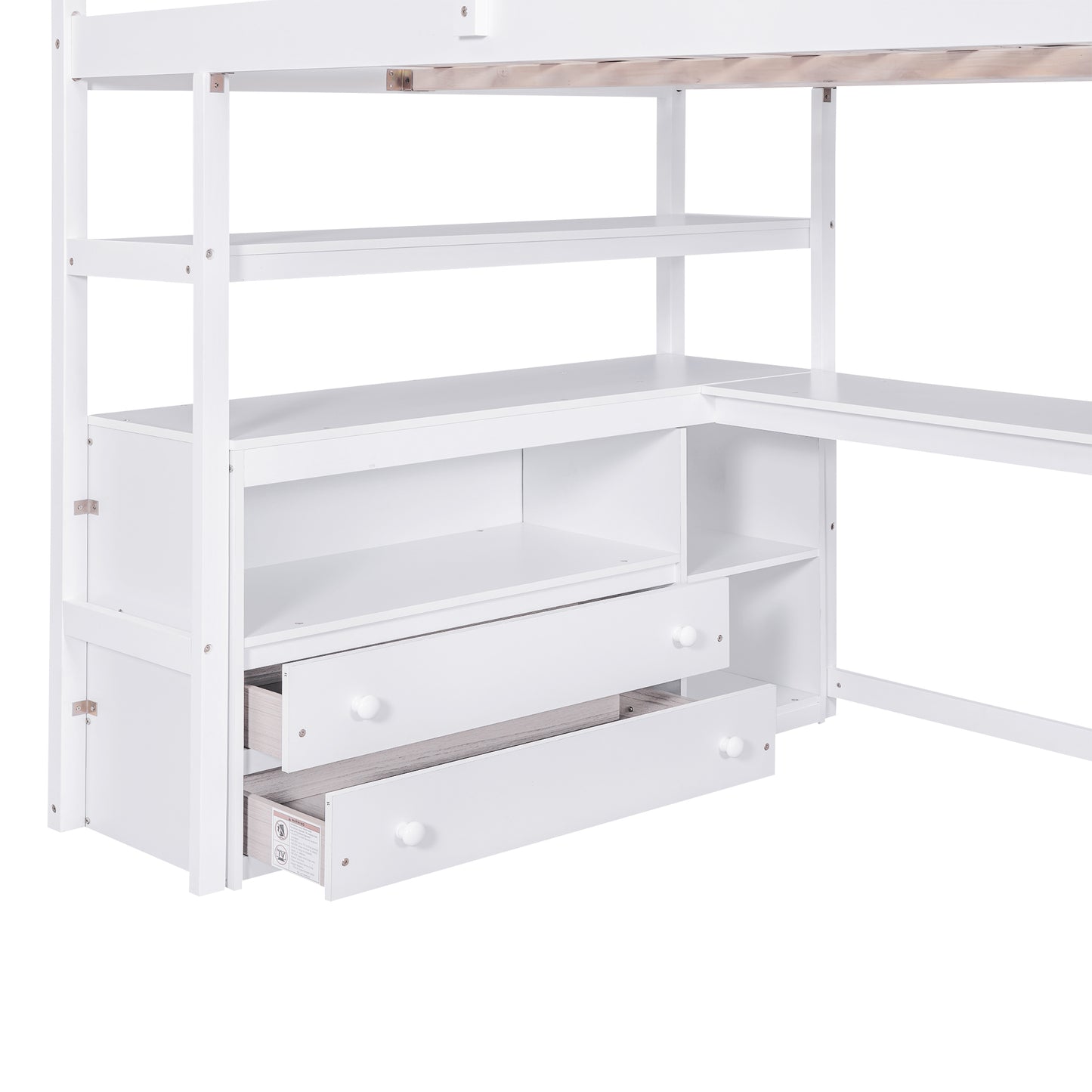 White Full Size Loft Bed with Desk, Shelves, and Built-in Drawers