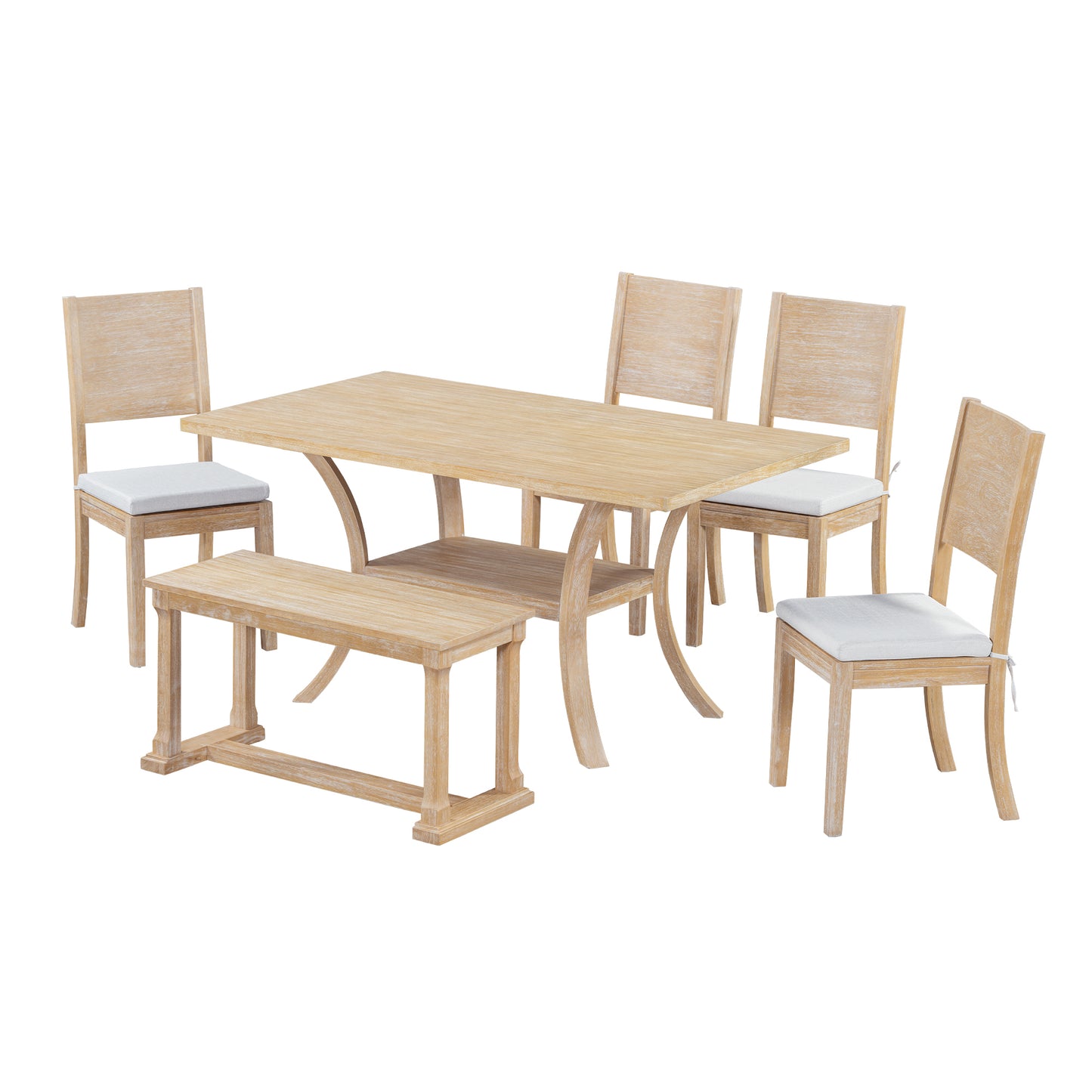 Modern Style 6-Piece Light Wood Dining Set with Storage Shelf