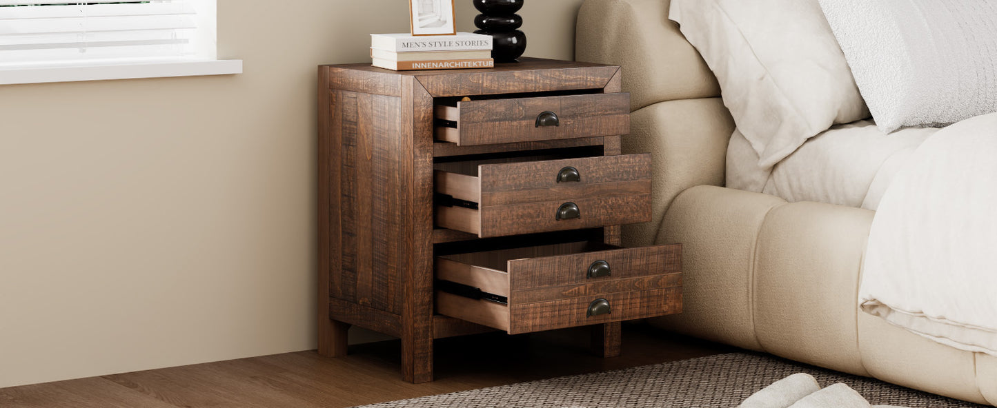 Rustic 3-Drawer Pine Wood Nightstand