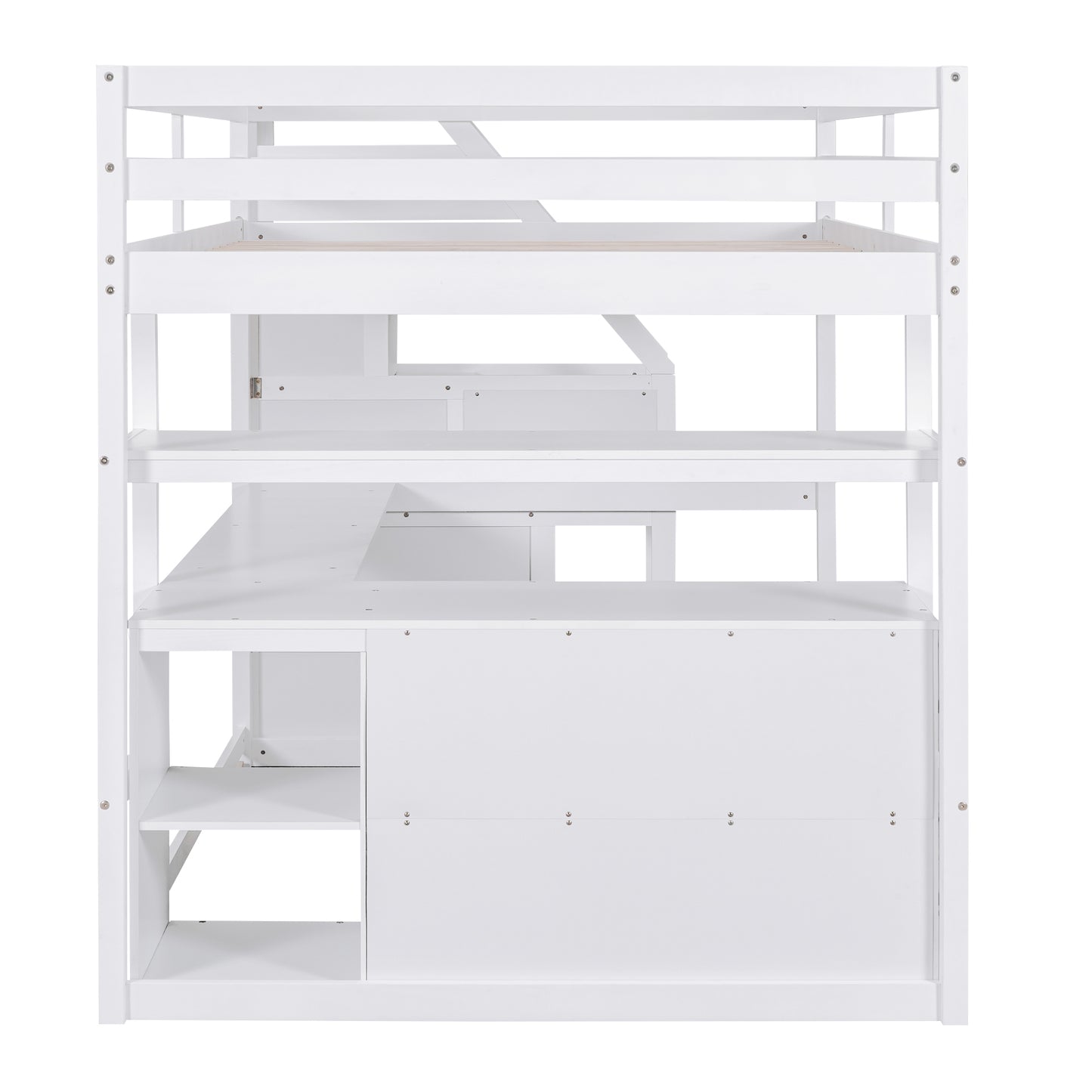 White Full Size Loft Bed with Desk, Shelves, and Built-in Drawers