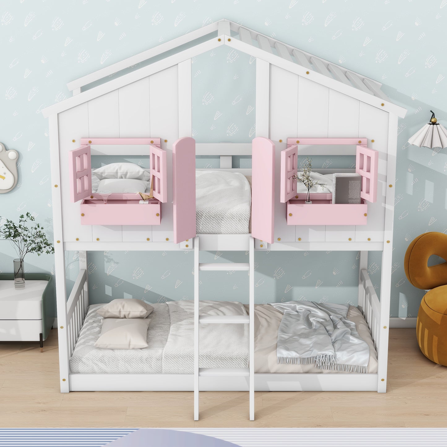 Sweet White and Pink Twin Play House Bunk Bed