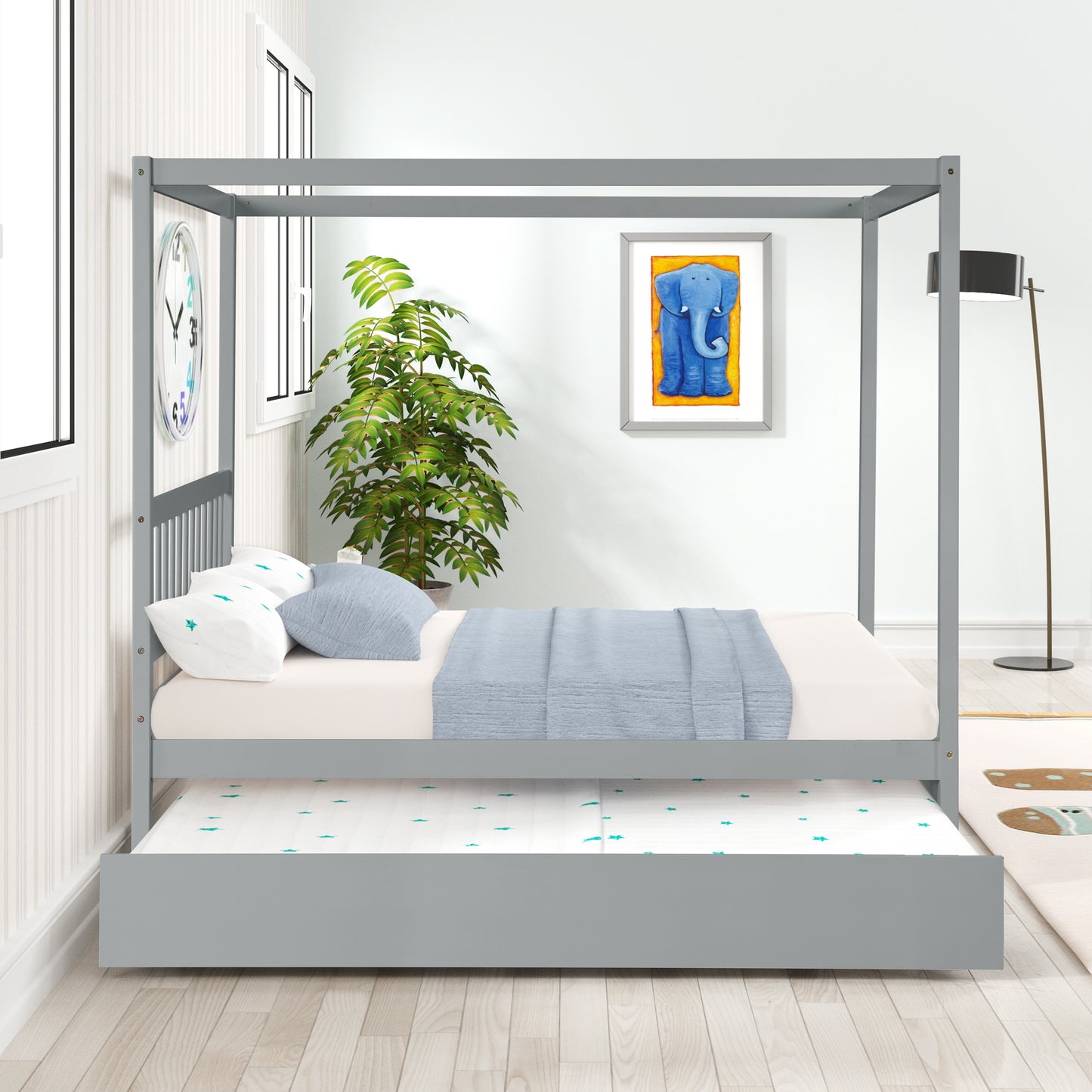 Grey Full Size Canopy Bed with Twin Trundle