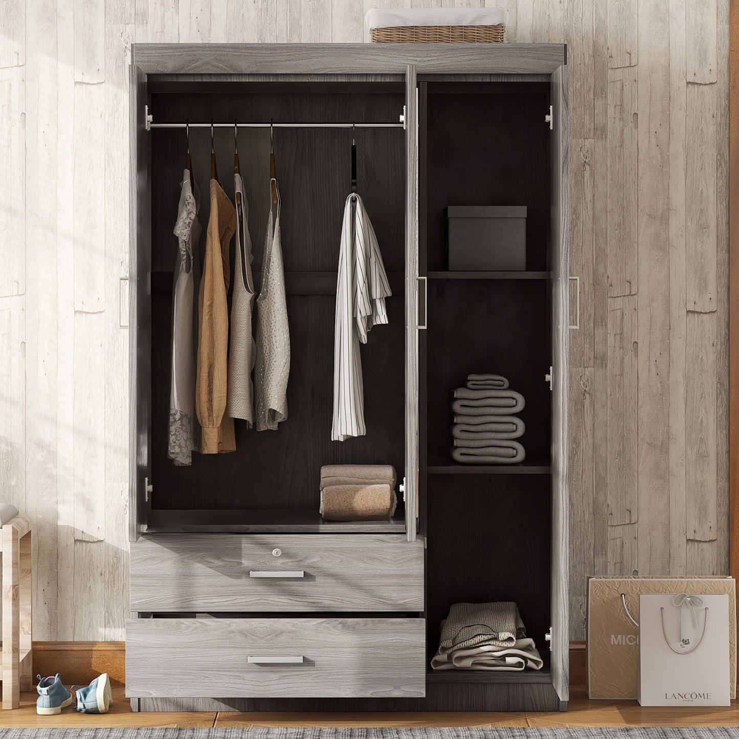 Gray 3-Door Mirrored Wardrobe