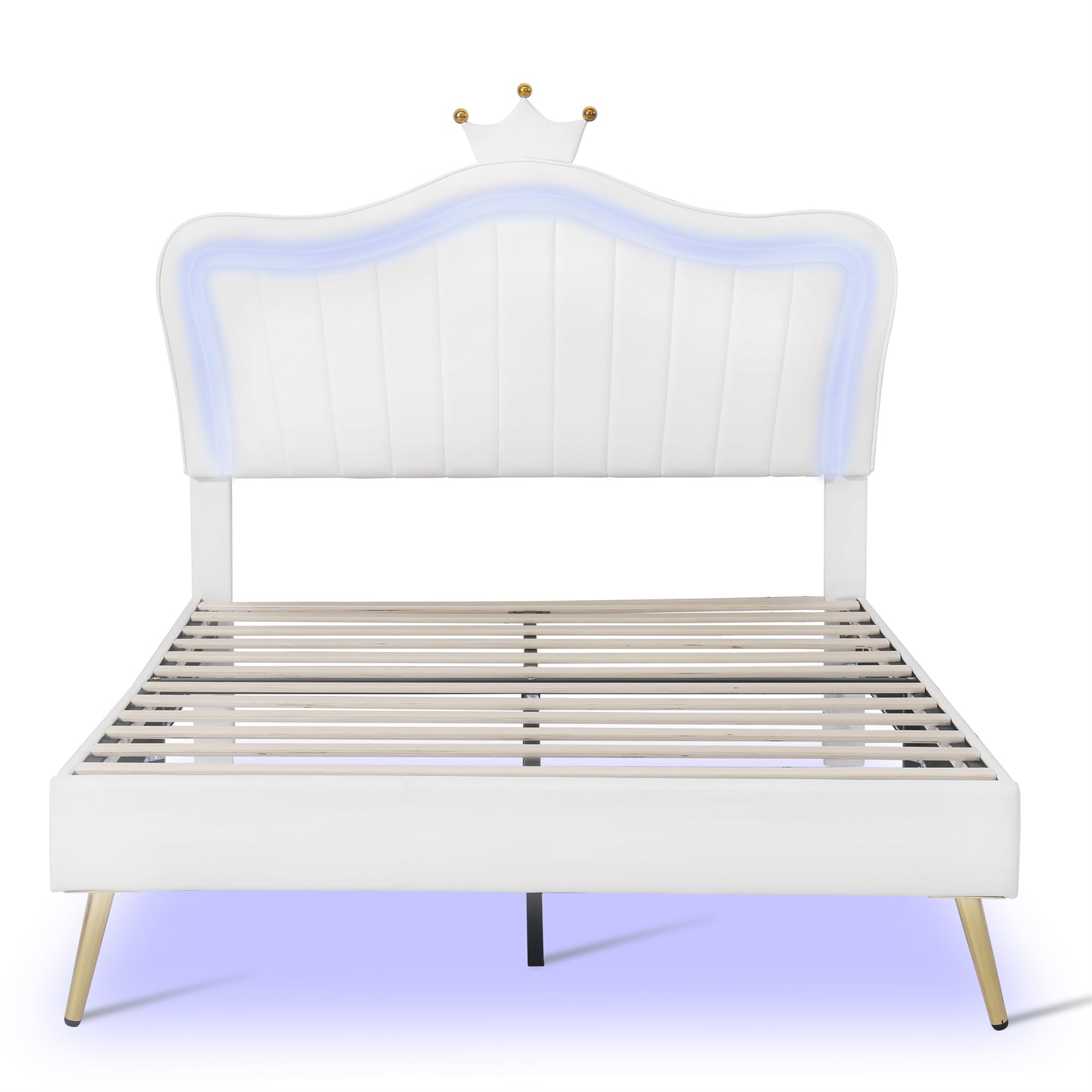 White Full Size LED Princess Bed With Crown Headboard