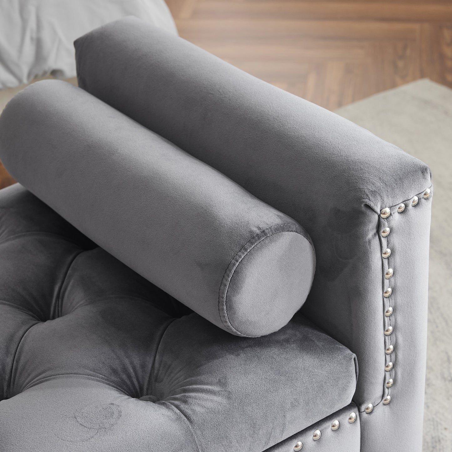 Gray Velvet Button Tufted Storage Bench