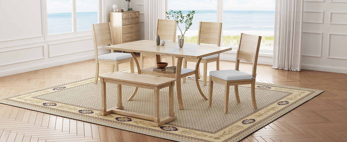 Modern Style 6-Piece Light Wood Dining Set with Storage Shelf