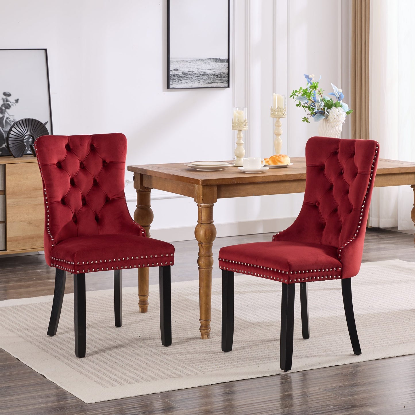 High-End Red Tufted Velvet Dining Chairs 2pc