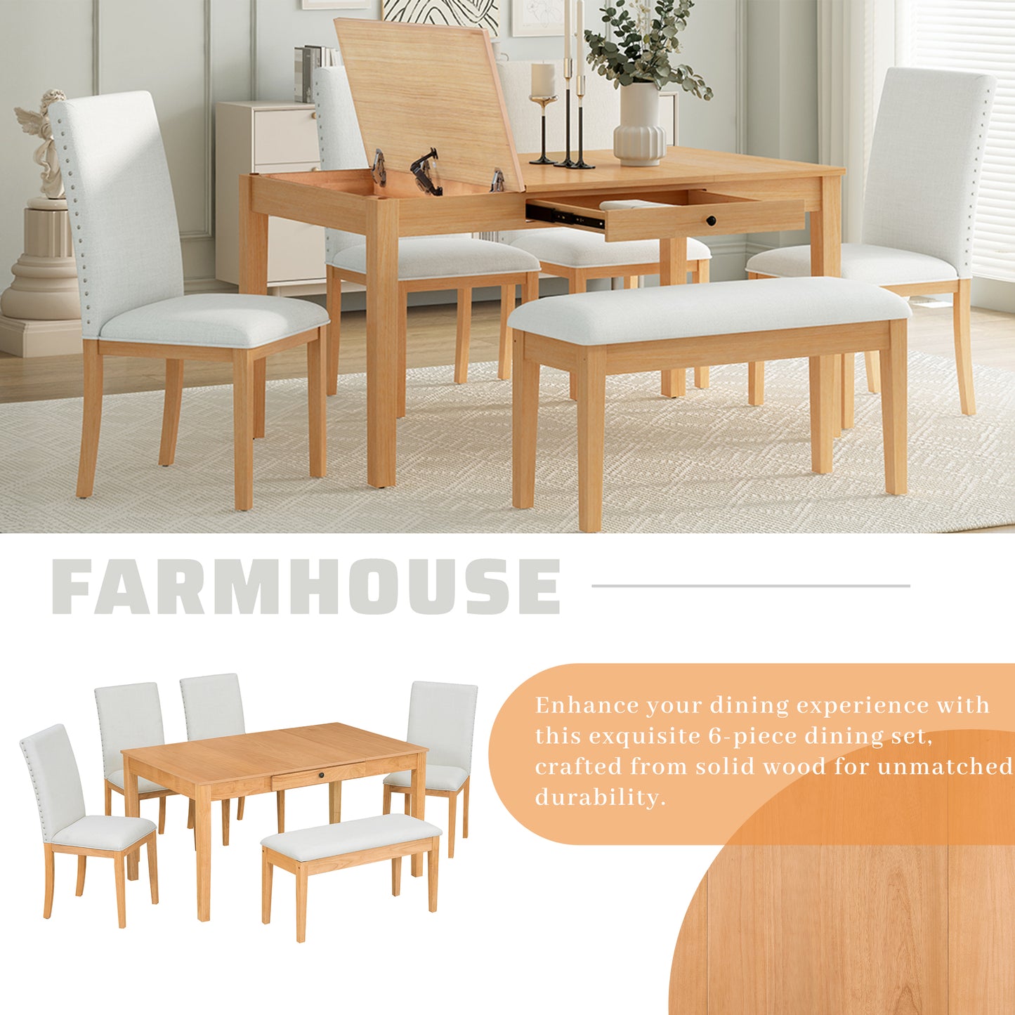 Natural Rubberwood 6-Piece Dining Table Set with Storage