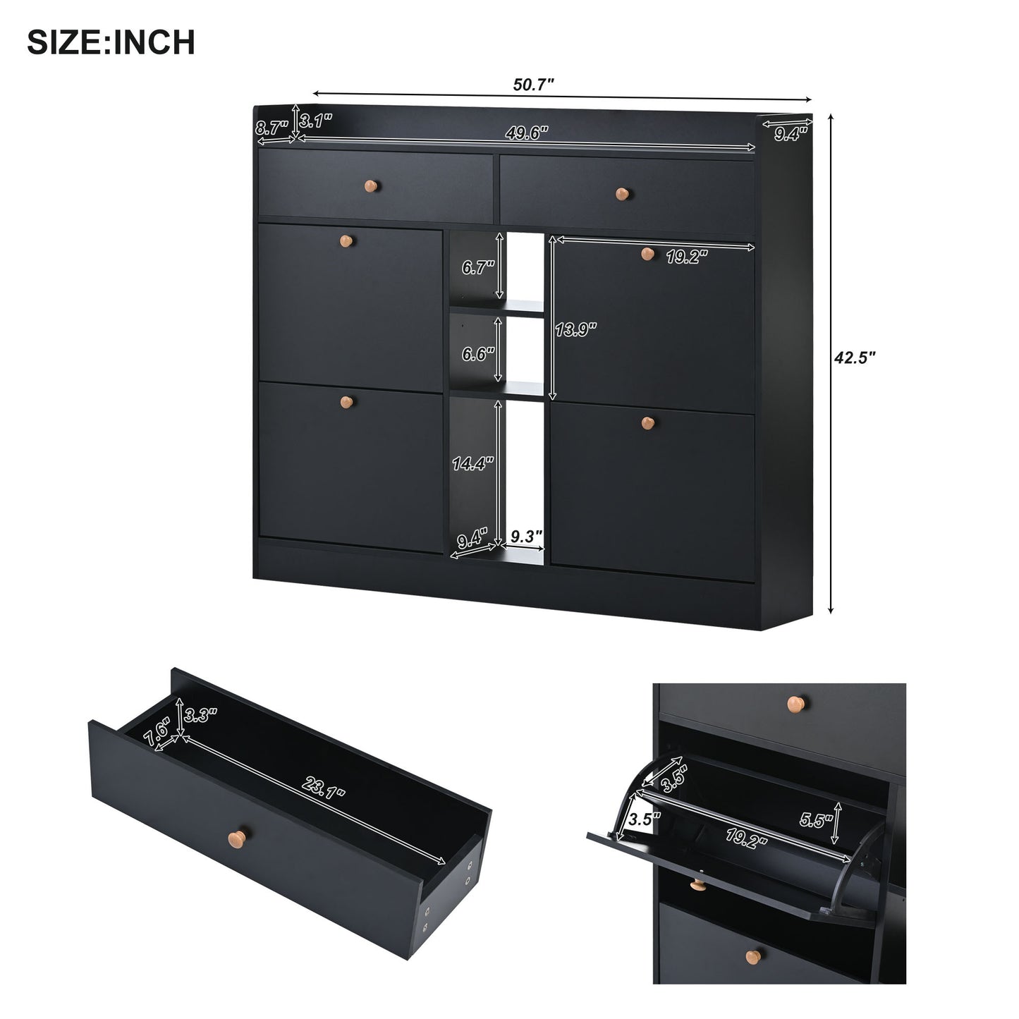 Tall Black Shoe Cabinet with 4 Flip Drawers