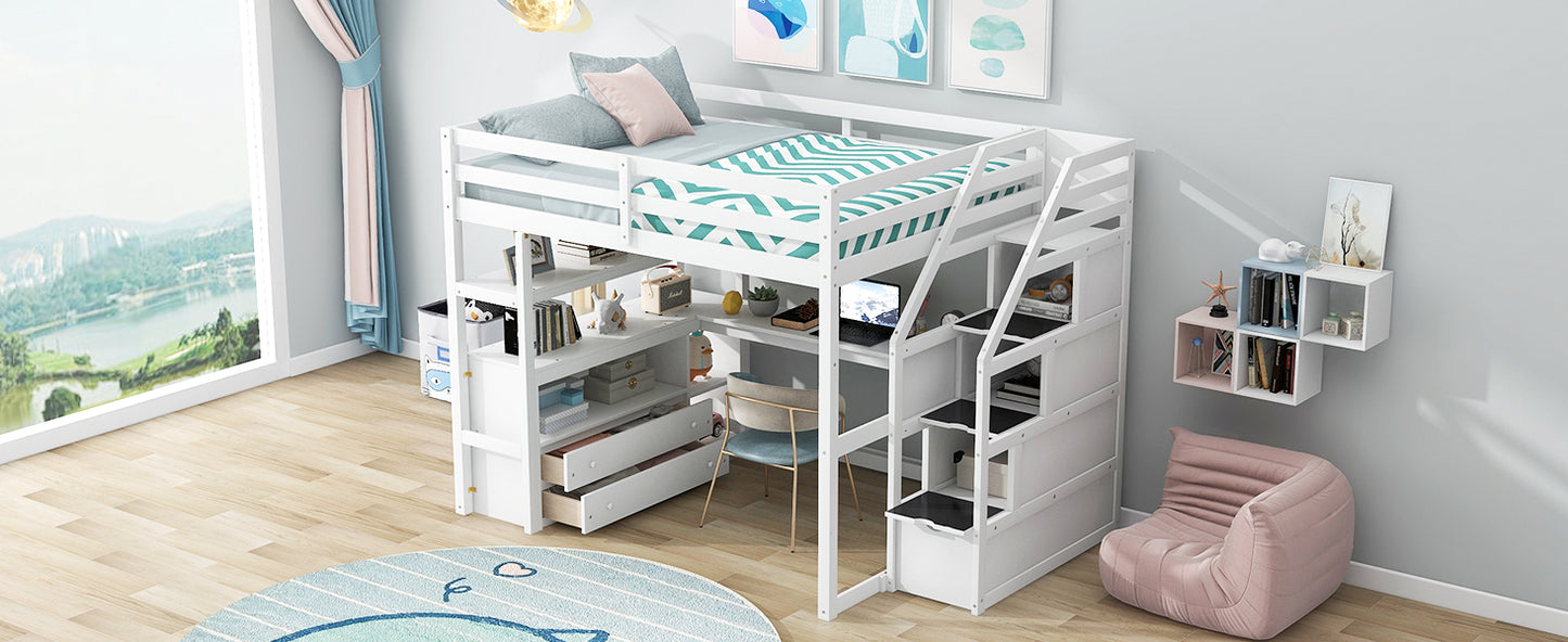 White Full Size Loft Bed with Desk, Shelves, and Built-in Drawers