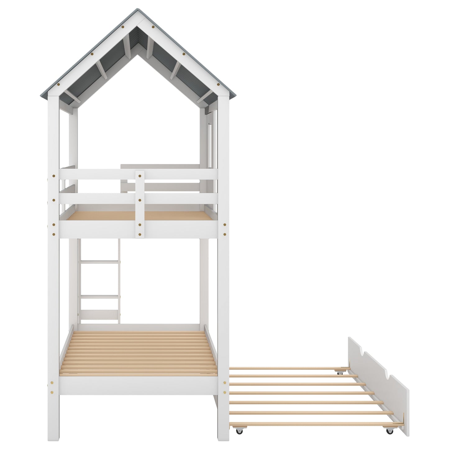 White & Grey House Bunk Bed with Trundle