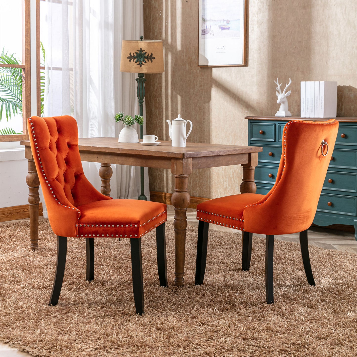 High-End Orange Button Tufted Velvet Dining Chairs 2-Pcs Set