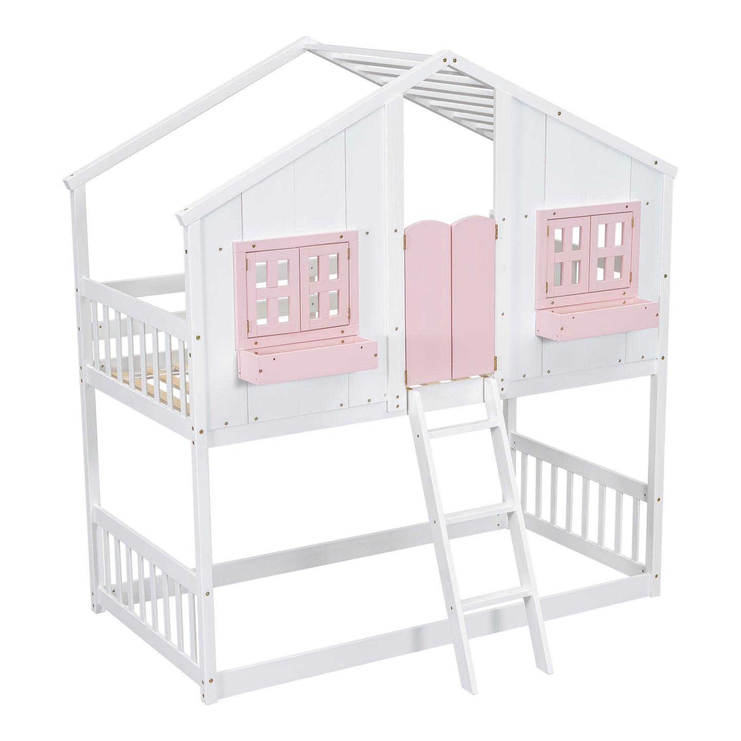 Sweet White and Pink Twin Play House Bunk Bed