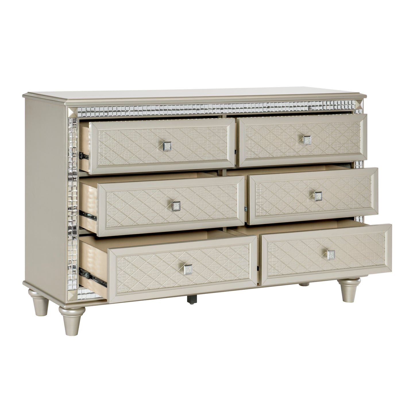 Luxury Champagne Diamond Pattern 6 Drawer Wide Dresser