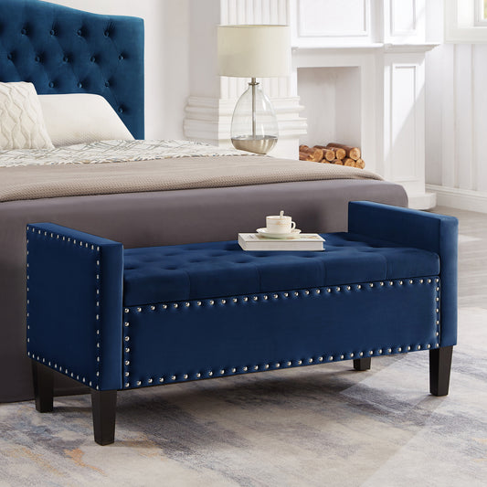 Navy Button Tufted Storage Bench with Nails Trim