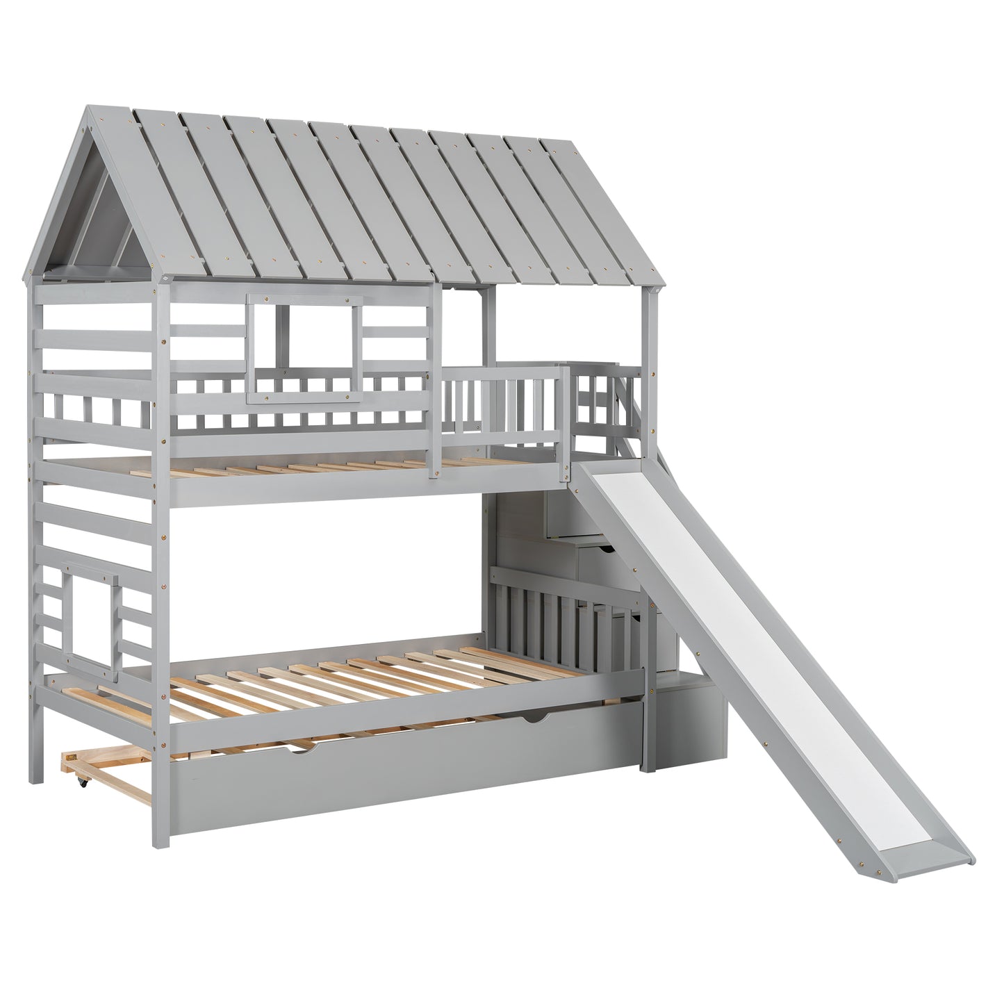 Grey Twin Town House Bunk Bed with Trundle and Slide