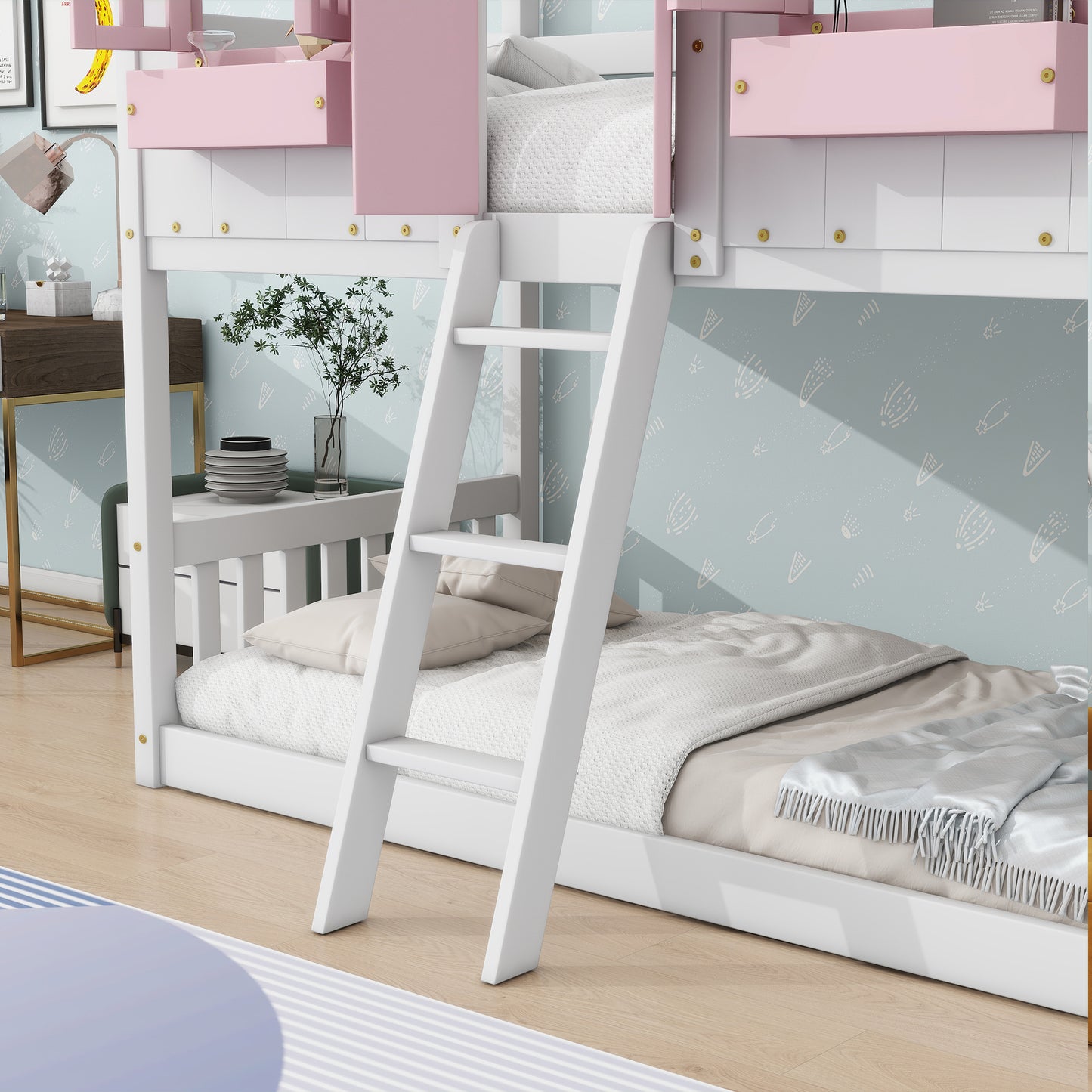 Sweet White and Pink Twin Play House Bunk Bed