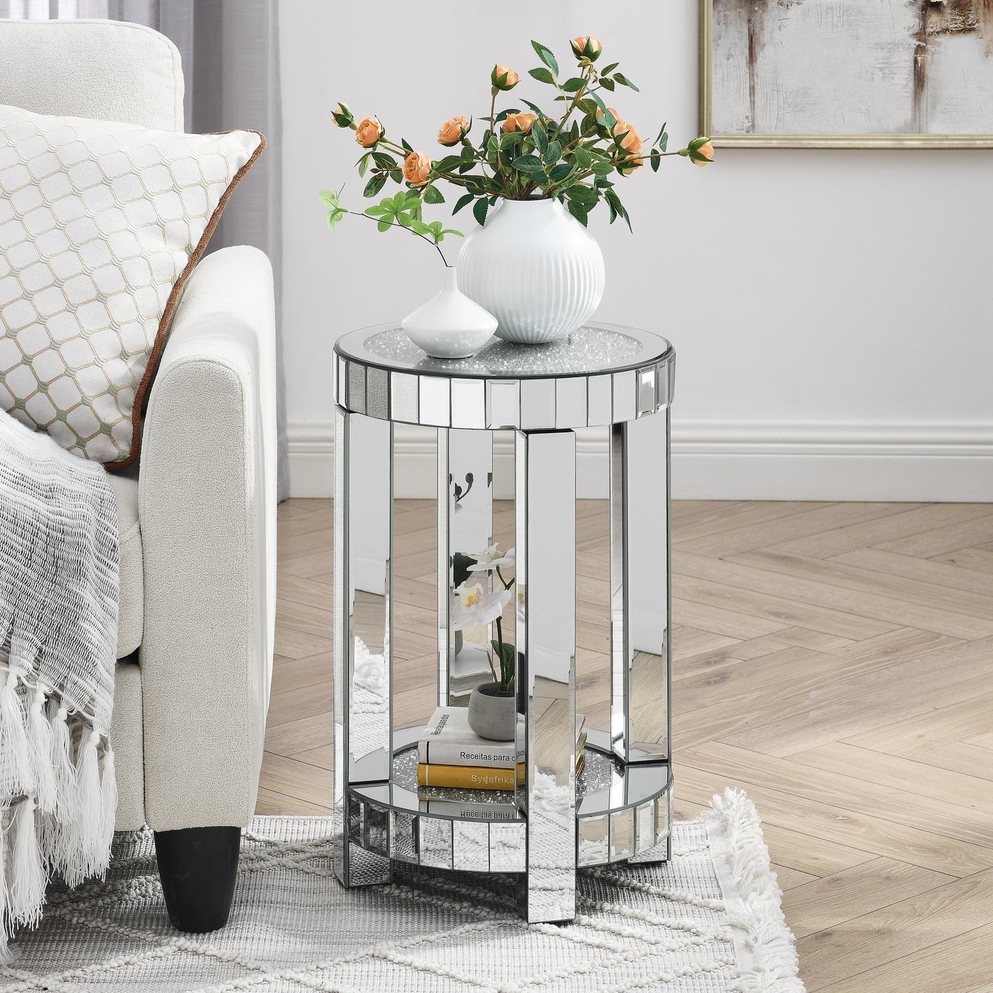 Round Mirrored End Table with Crystal Inlay