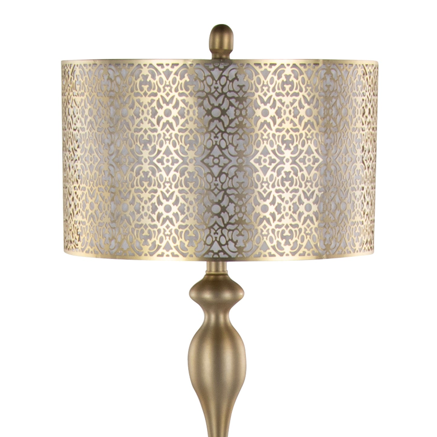 Gold Metal with Laser Cut Metal and Off-White Linen Shade Floor Lamp