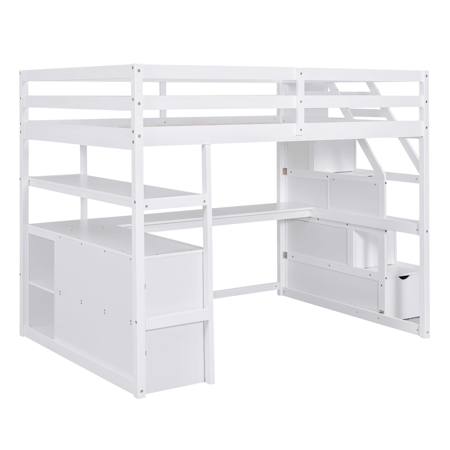 White Full Size Loft Bed with Desk, Shelves, and Built-in Drawers