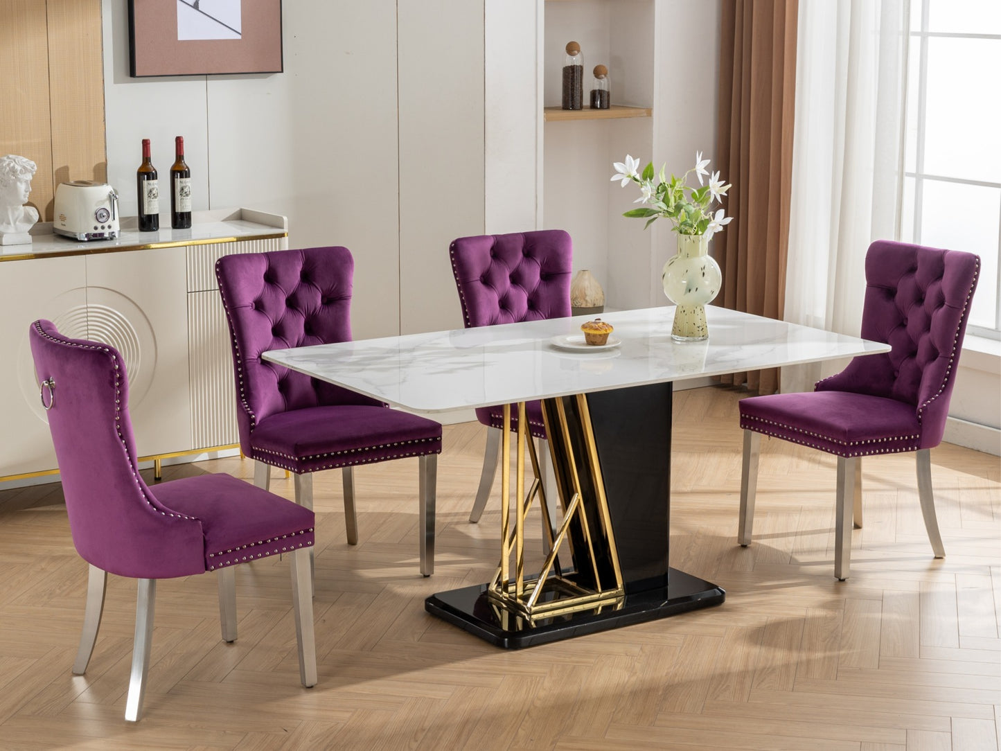 Purple High-End Button Tufted Velvet Dining Chair with Chrome Legs Set of 2