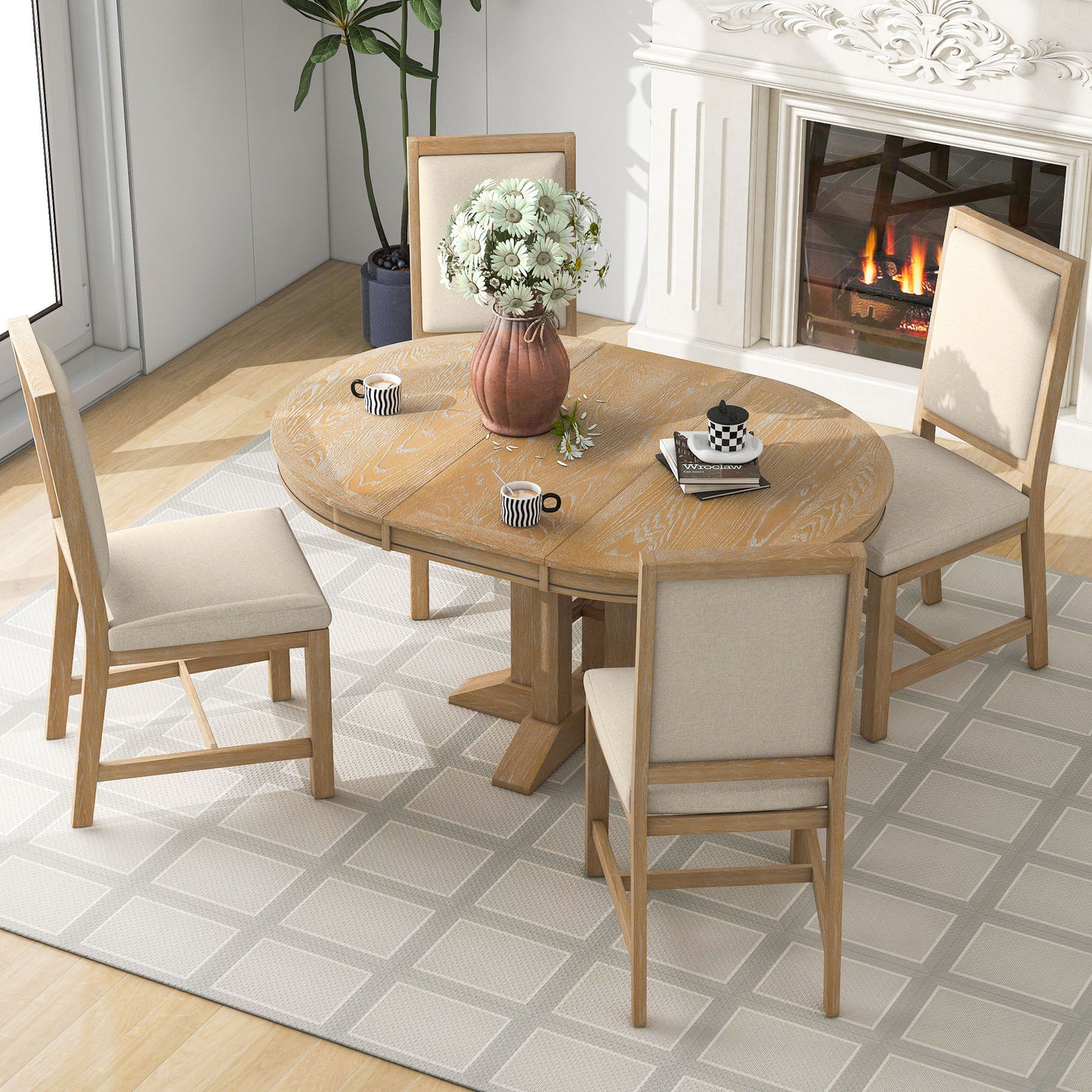 Natural 5-Piece Extendable Round Table and 4 Upholstered Chairs