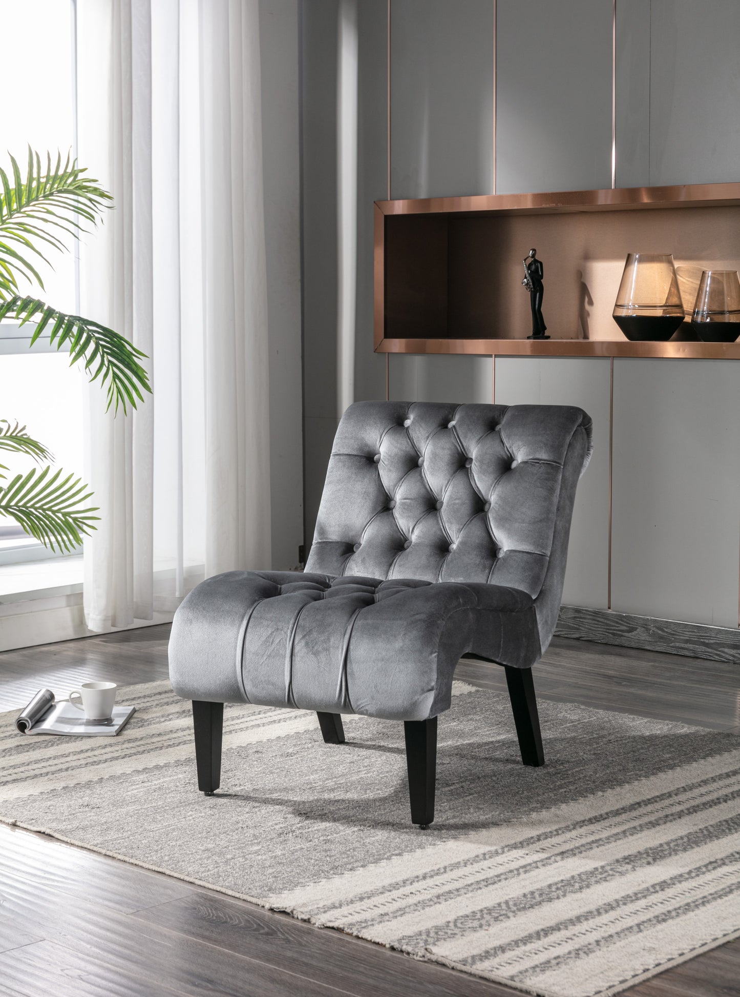 Modern Grey Button Tufted Velvet Armless Recliner