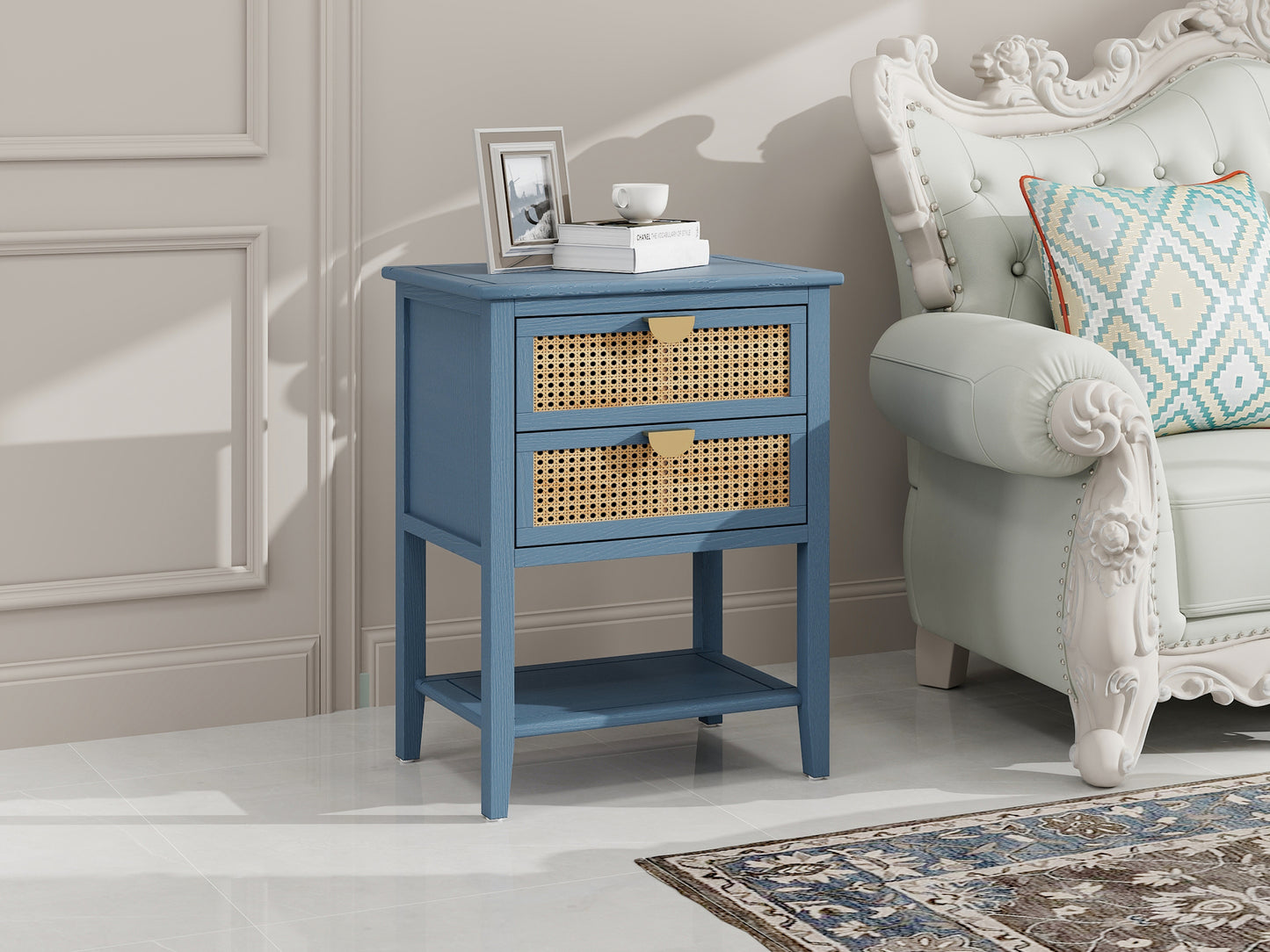 Blue Rattan 2 Drawer Side Table