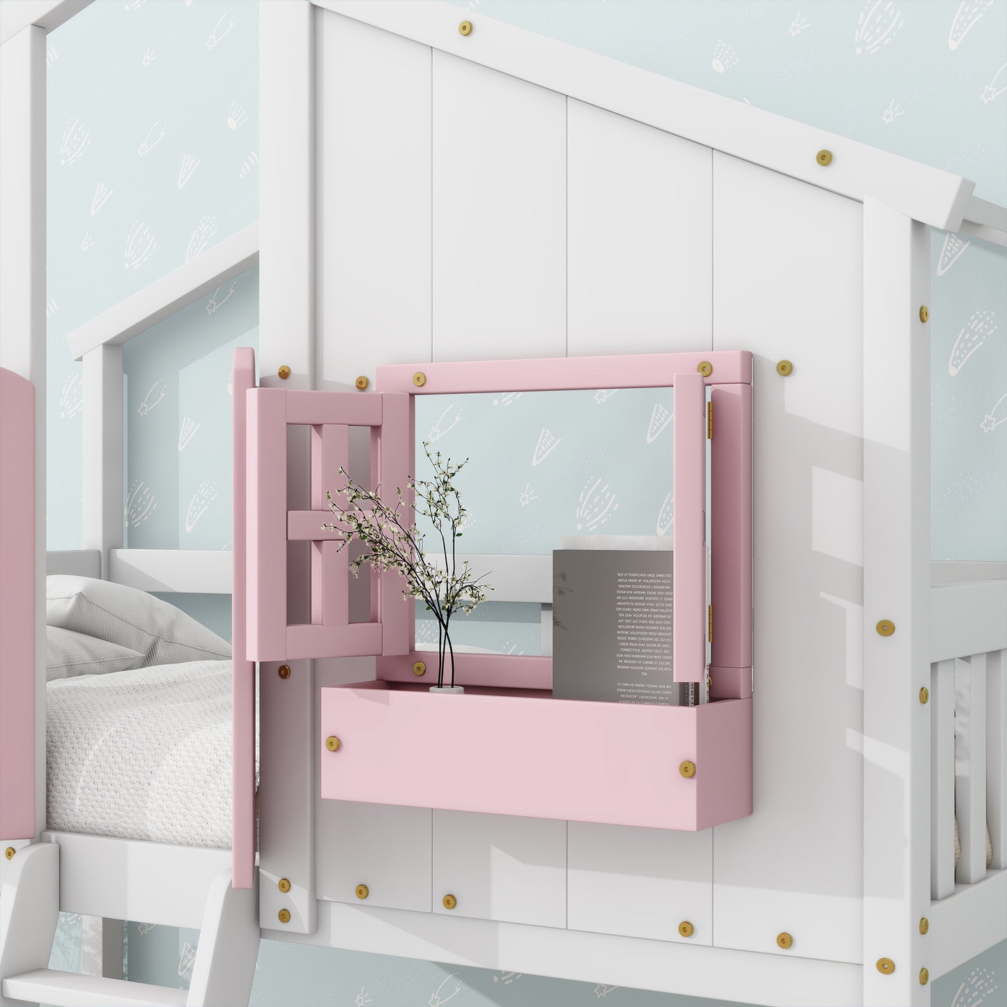 Sweet White and Pink Twin Play House Bunk Bed