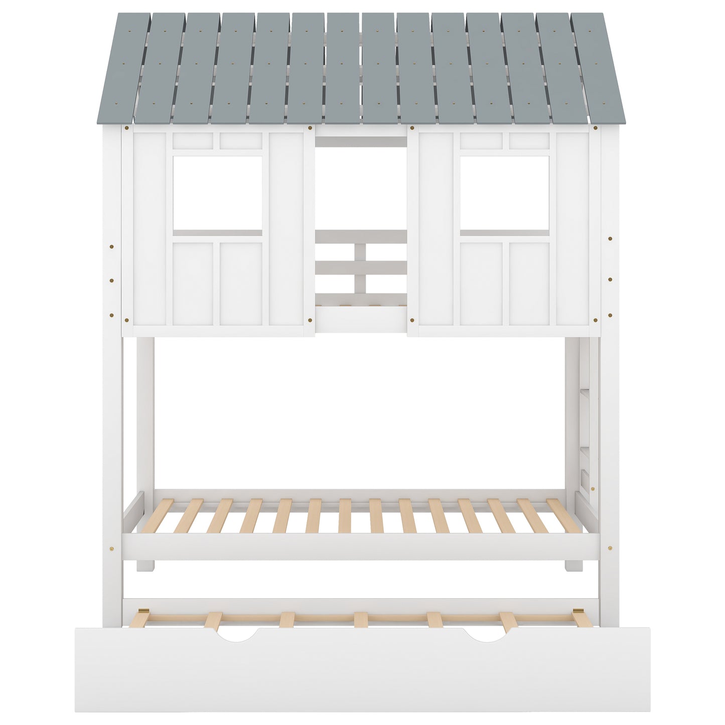 White & Grey House Bunk Bed with Trundle