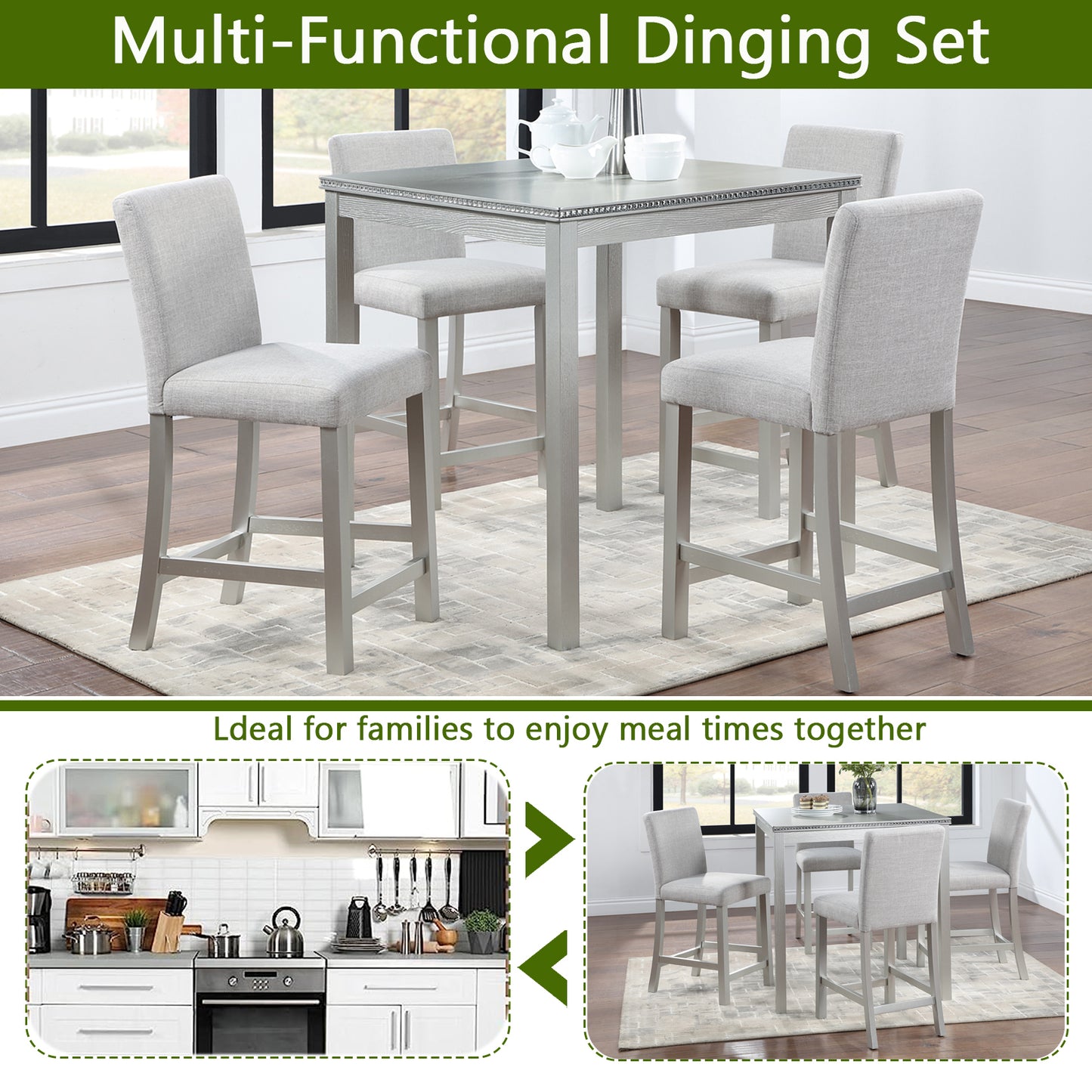 Silver 5 Piece Counter Height Dining Set