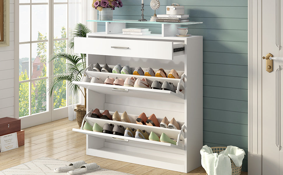 LED White Shoe Cabinet with 2 Flip Drawers