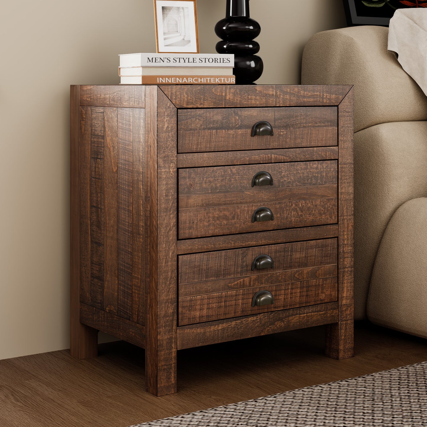 Rustic 3-Drawer Pine Wood Nightstand