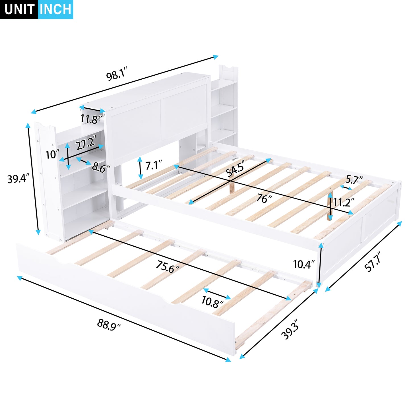 Full Size Storage Bed with Pull Out Shelves and Twin Trundle