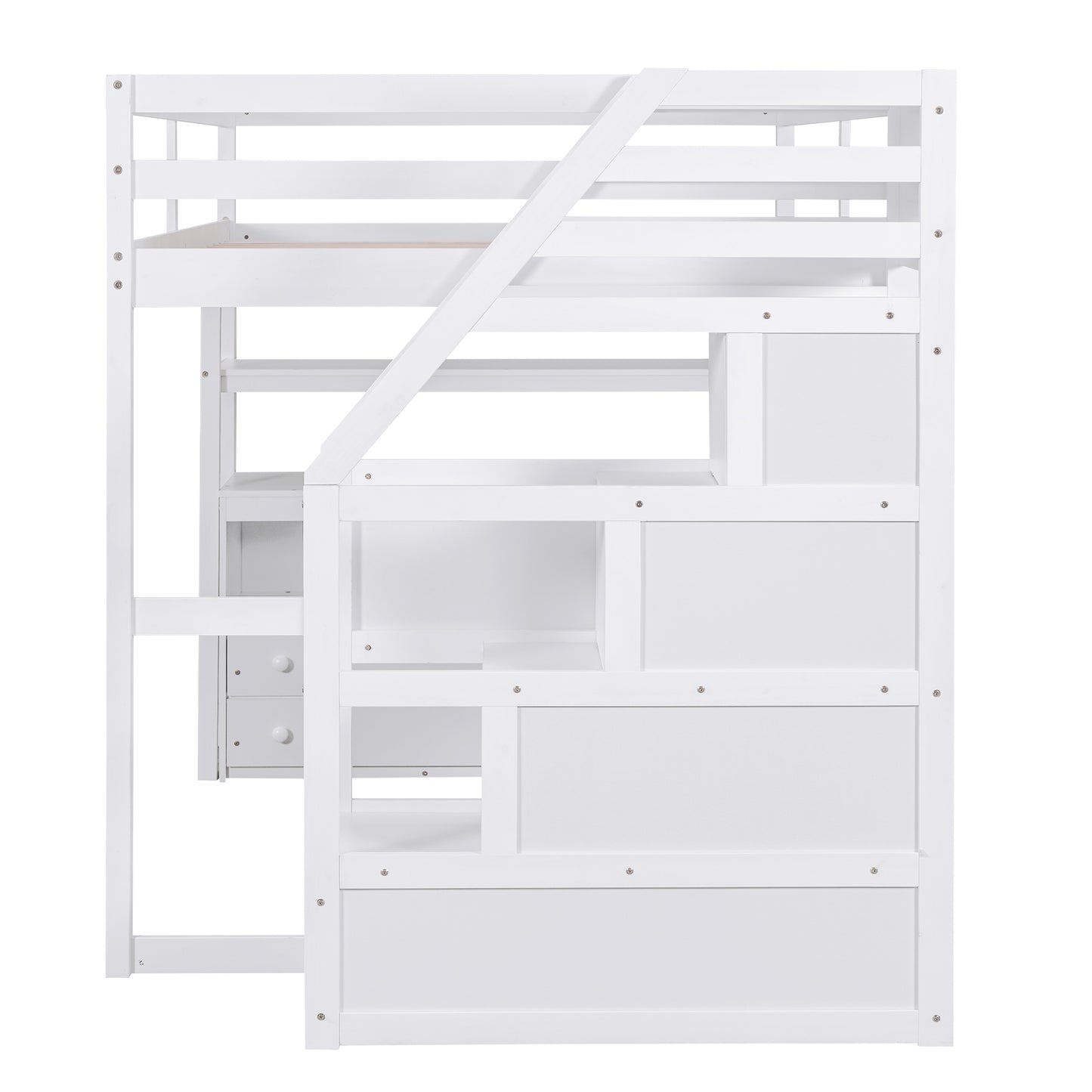 White Full Size Loft Bed with Desk, Shelves, and Built-in Drawers