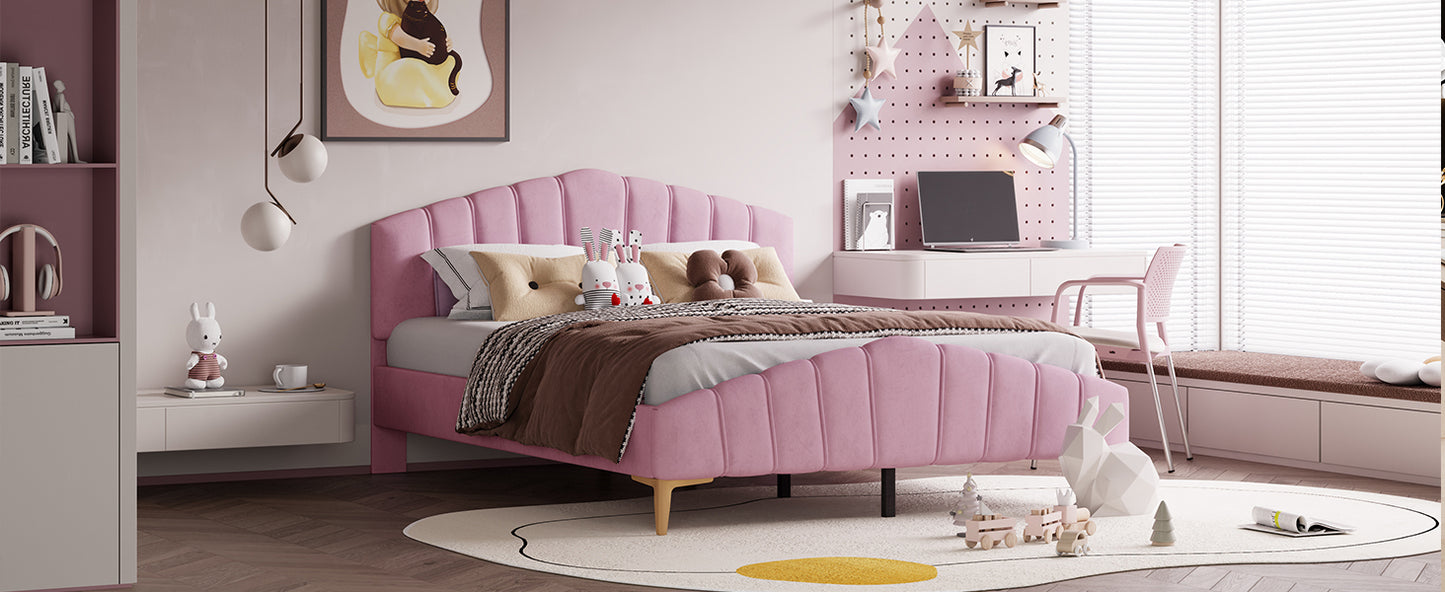 Queen Size Pink Velvet Platform Bed